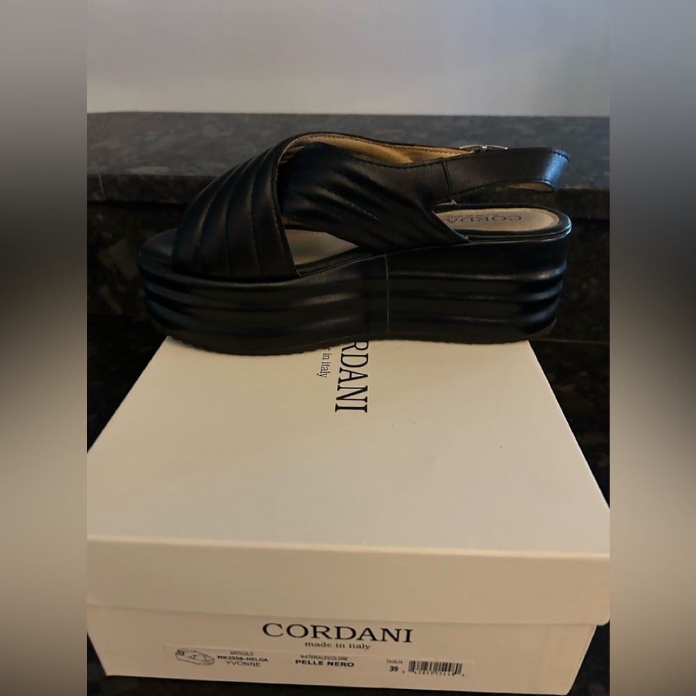 Cordani Yvonne Black Crisscross Strap Women's Wedge Sandals